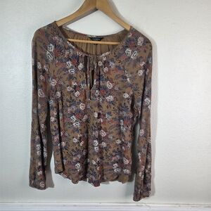 Lucky Brand Floral Blouse S Petite Brown Boho Tie Neck Top